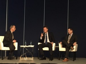 Fig. 1. Panelist (from left to right): Harry Forbes, Research Director for ARC Advisory Group, Per-Erik Hosten, Managing Director for ABB Oil, Gas and Chemicals, and Sandy Vasser (retired), IC&E Manager for ExxonMobil Development Co. Photo by Lee Nichols.